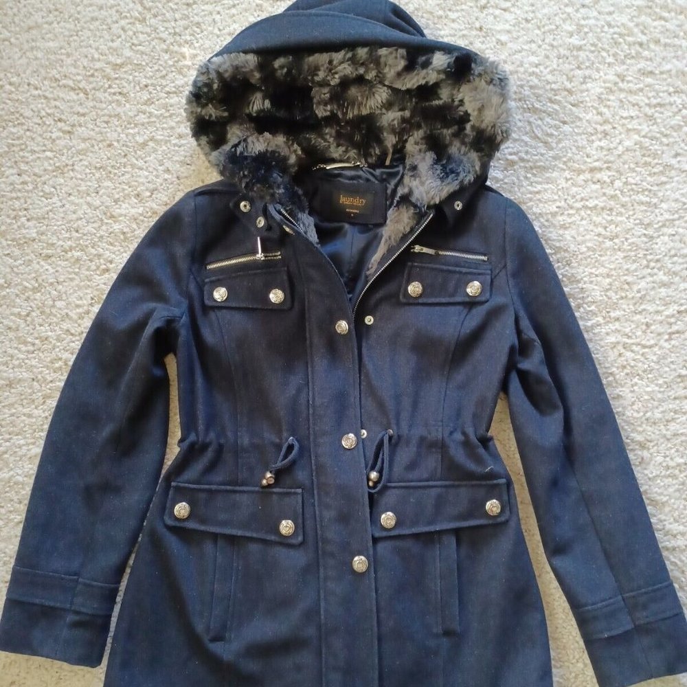 Laundry by Shelli Segal Navy Button Wool Blend Hooded Pockets Faux Fur Lined 6